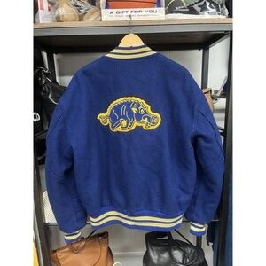 Vintage 1996 DeLong Blue Yellow School College Stitched Varsity Jacket Size XL